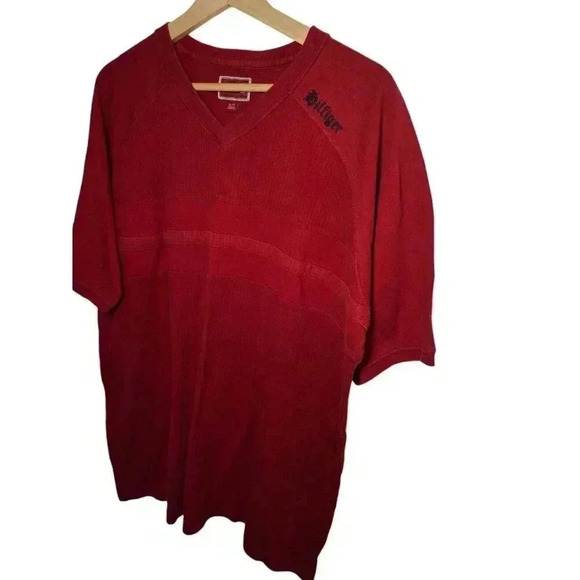 Vintage Tommy Hilfiger Denim Mens XL Red V-neck Shirt Short Sleeve Tee - Picture 1 of 11